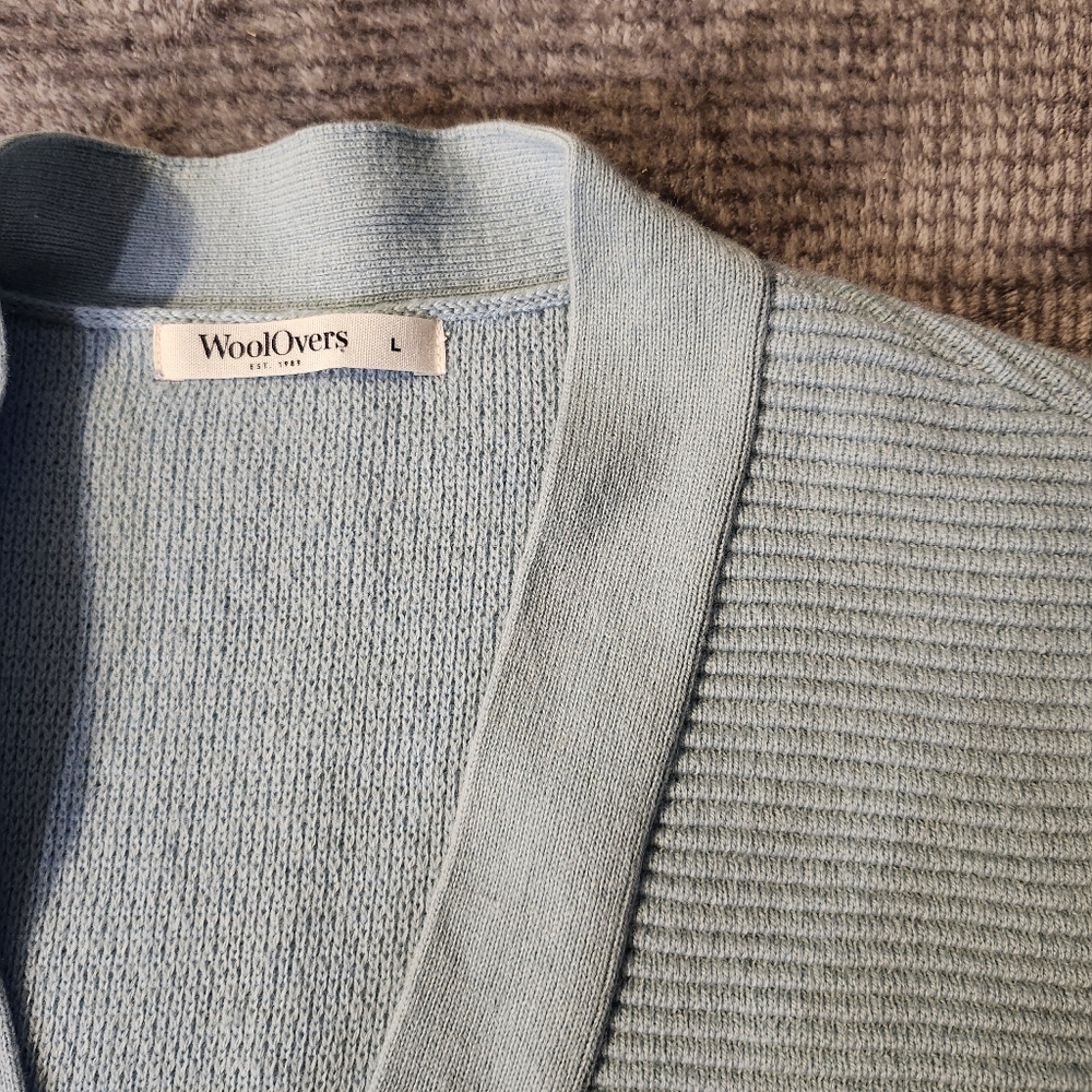 WoolOvers Wool Cashmere Ribbed cropped Cardigan Powder Blue Layer Sz Large,
